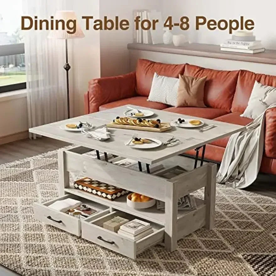 Multi-Function Convertible Coffee Table Drawers and Hidden Compartment, Converts to Dining Living Room