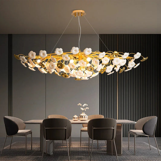 Ceramics Long Pendant Lights For Dining Living Room Ceramics Lampshade Pendant Chandeliers Luxury Gold Led Ceiling Chandelier