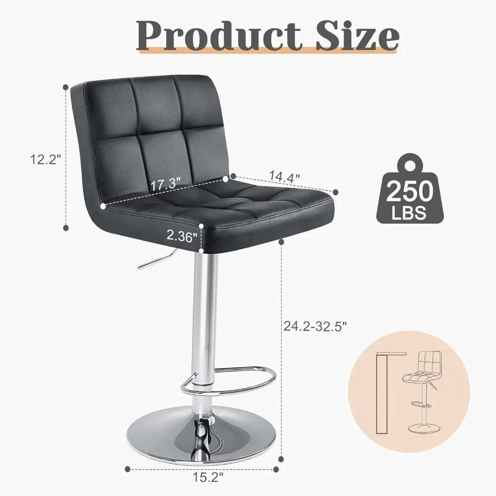 Set of 4,PU Leather Adjustable Swivel Barstools,Thickened Seat Cushion Square Island Barstools with Back, Black