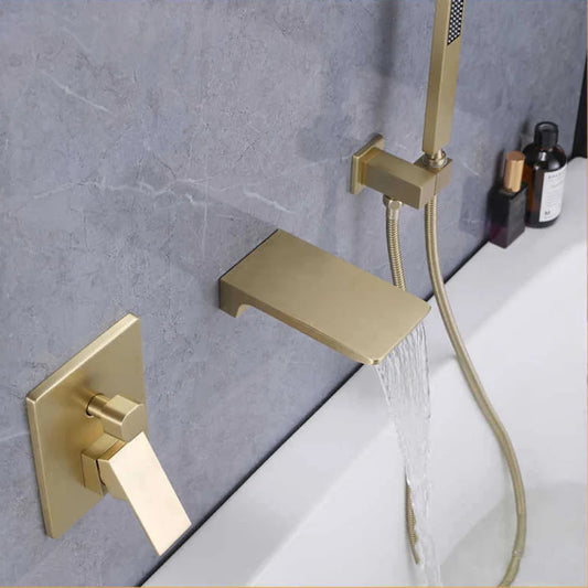 ZAPPO Brushed Gold Bathroom Bathtub Shower Set Waterfall Mixer Tap Wall Mount Solid Brass Shower Systerm w/Handheld Shower Head