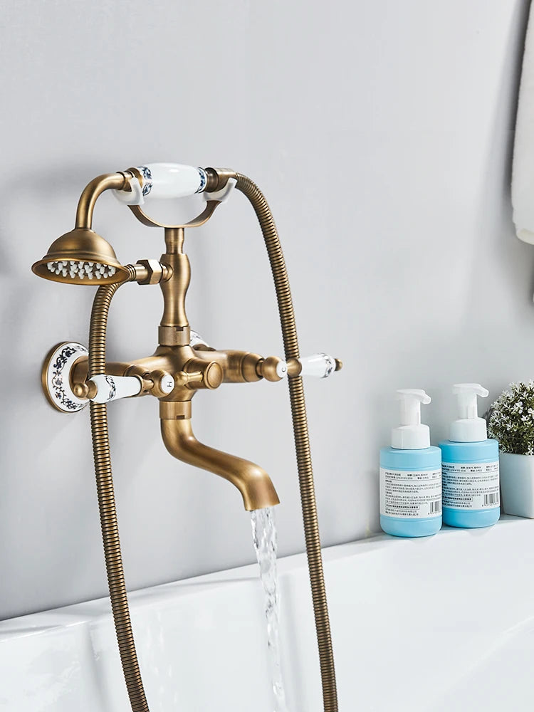 Retro Antique Brass Black Bronze Bathtub Shower Faucets Set Dual Knobs Mixer Tap Wall Mounted Bath Shower Set Swivel Tub Spout