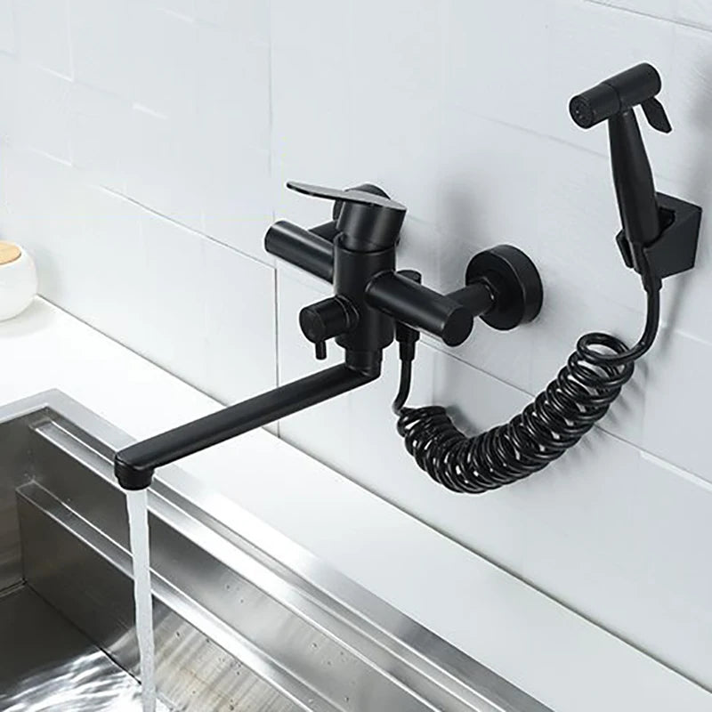 Alenartwater Kitchen Faucet Wall Mounted Rotable Sink Tap Dual Hole Single Handle Cold and Hot Water Mixer