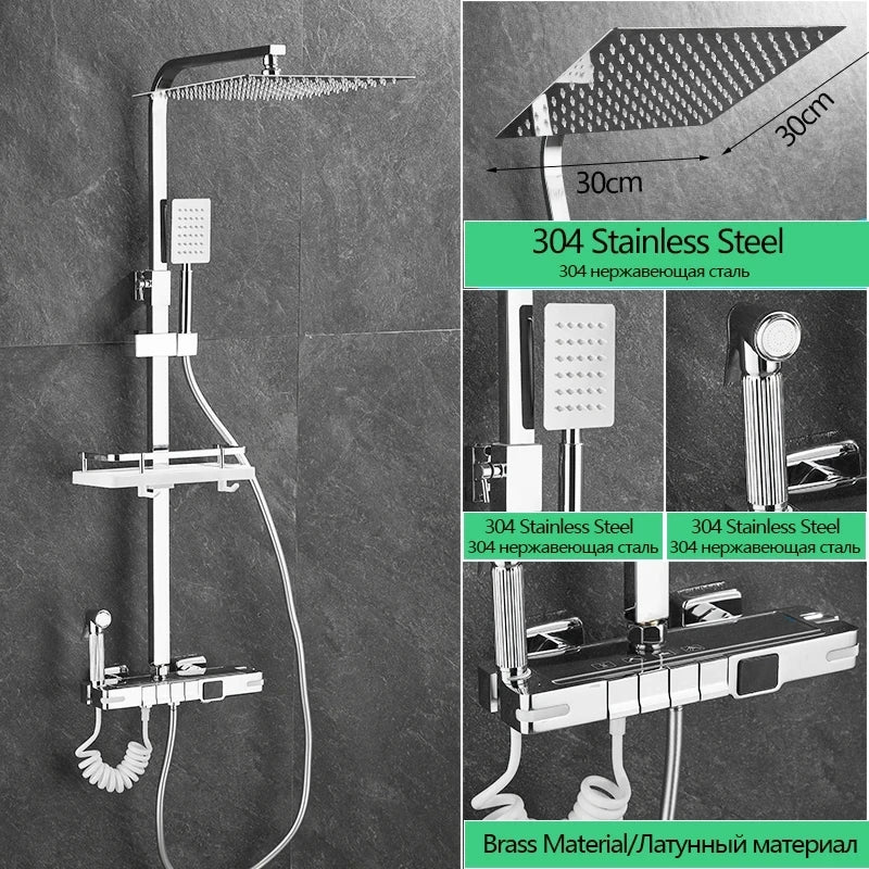 Brass Shower Faucet Thermostatic,Shower Syetem,30cm Spray Head, Digital Display LED,Bathroom Faucet,Black/Chrome