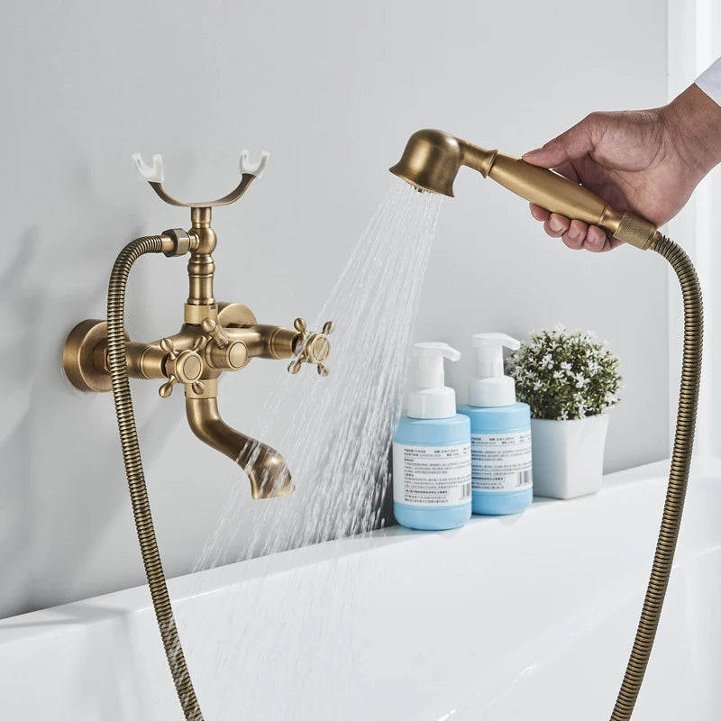 Shinesia Antique Brass Bathtub Shower Faucets Set Wall Mounted Bathroom Faucet With Shower Golden Bath Mixer
