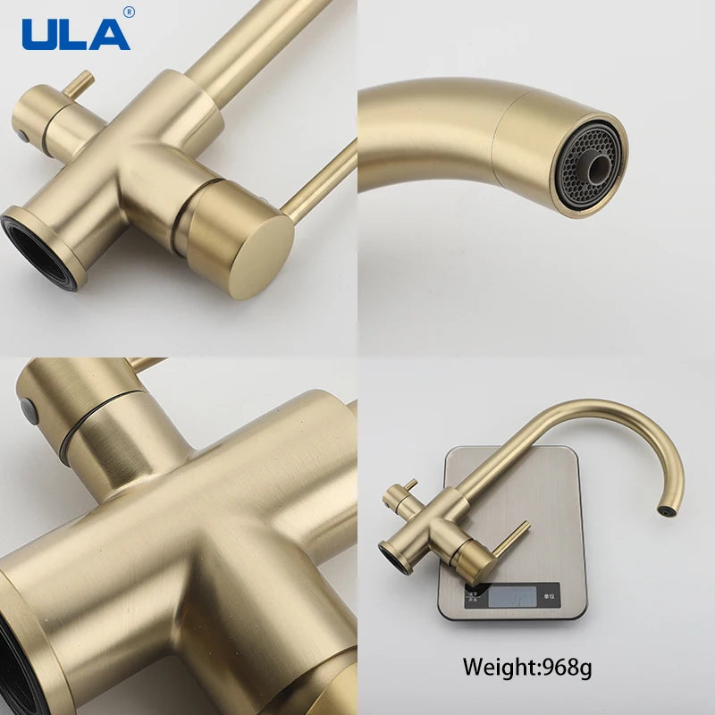 ULA Filtered Kitchen Faucet Gold Purifier Faucet Dual Sprayer Drinking Water Mixer Tap Nozzle Brass Kitchen Sink Mixer Torneira