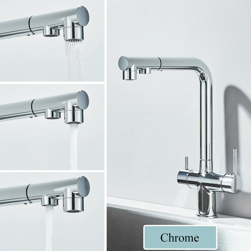 Gold Filter Kitchen Faucets Dual Spout Pull Out Kitchen Sink Water Tap Hot Cold Purification Water Crane for Kitchen