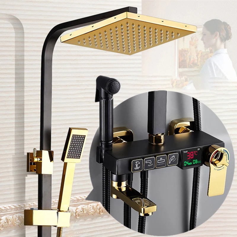 Gold Digital Shower Set Quality Brass Hot Cold Bathroom Shower Faucets Tap Rain Shower Head Golden Thermostatic Shower System