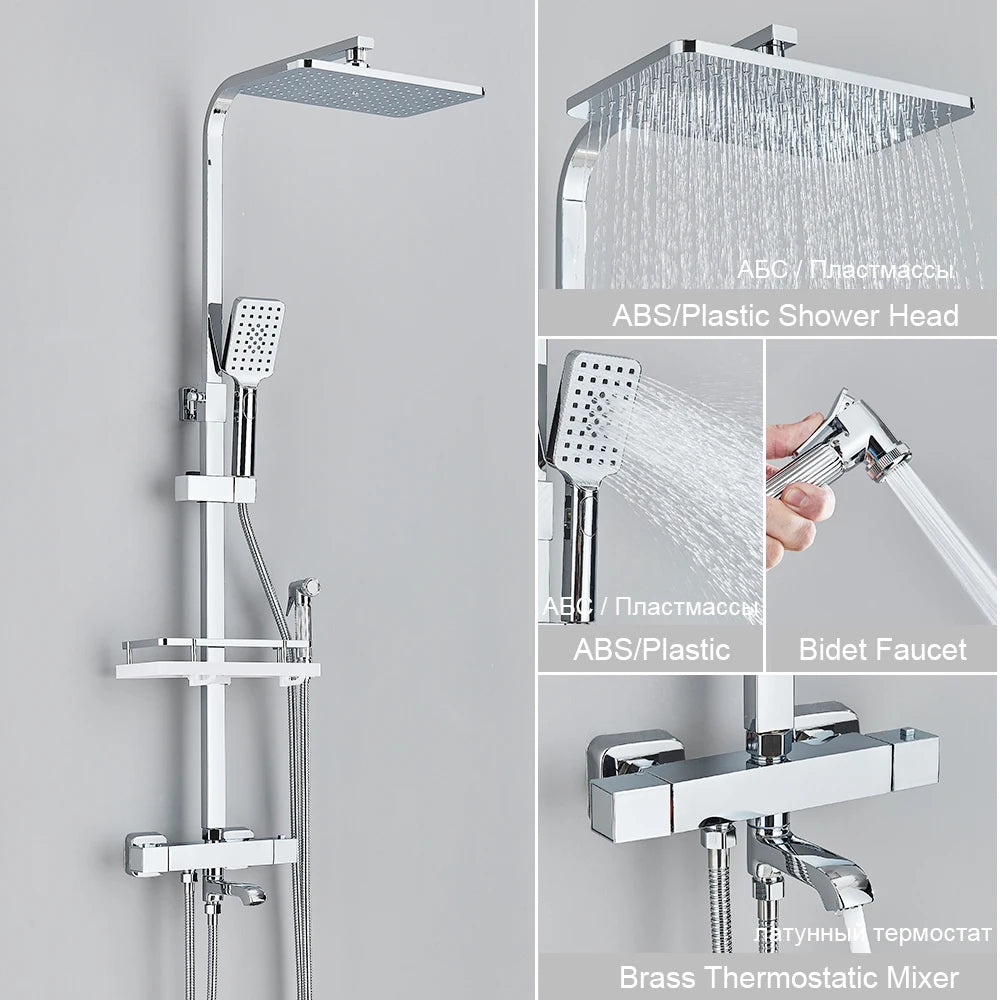 Black Thermostatic Shower Faucet Set 38℃ Rainfall Shower Mixer Crane Multifunctional Bathroom Faucet Bathtub Tap With Shelf