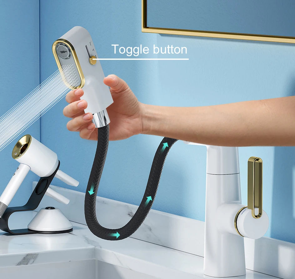 VGX Multifunctional Bathroom Faucets Pull Out Basin Mixer Sink Faucet Gourmet LED Temperature Tap 360° Tapware Crane Brass White