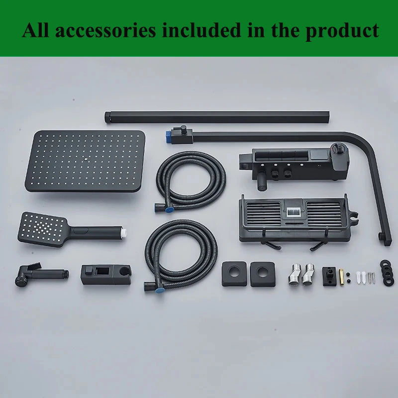 Black Thermostatic Digital Display Shower Faucet Set Rainfall Shower Column Wall Mounted Bathtub Tap With Shelf and Bidet