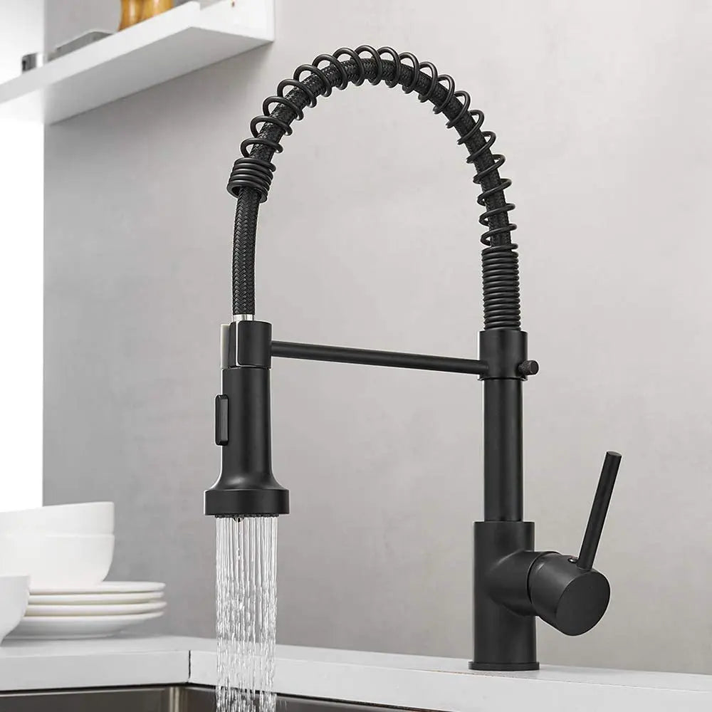 Kitchen Faucet Pull Out Stream Sprayer Deck Mounted Matte Black Mixer Tap 360 Degree Rotation  Kitchen Sink Hot Cold Taps
