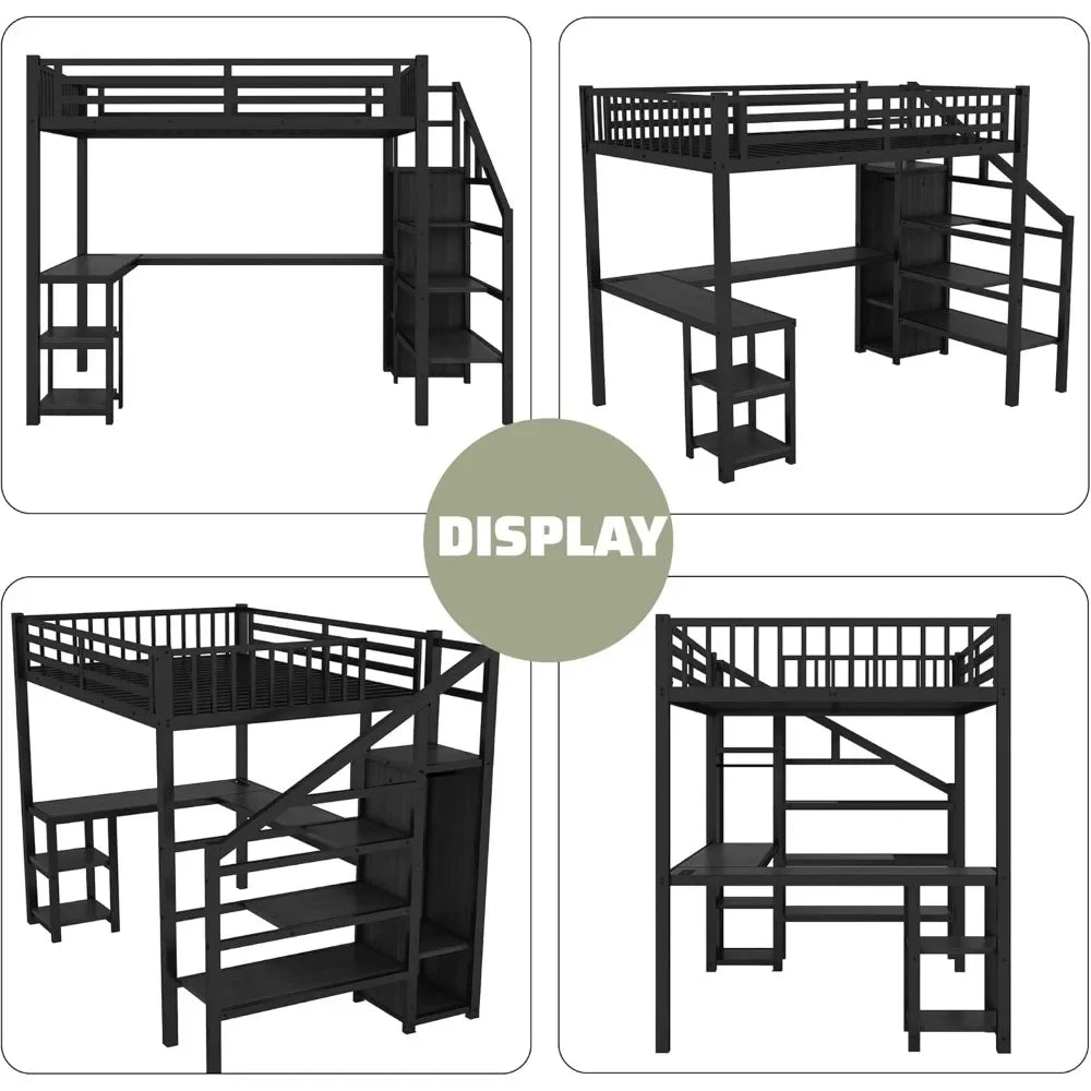 Full Size Loft Bed with Stairs and Desk Metal Loft Bed with LED Light and Charging Station
