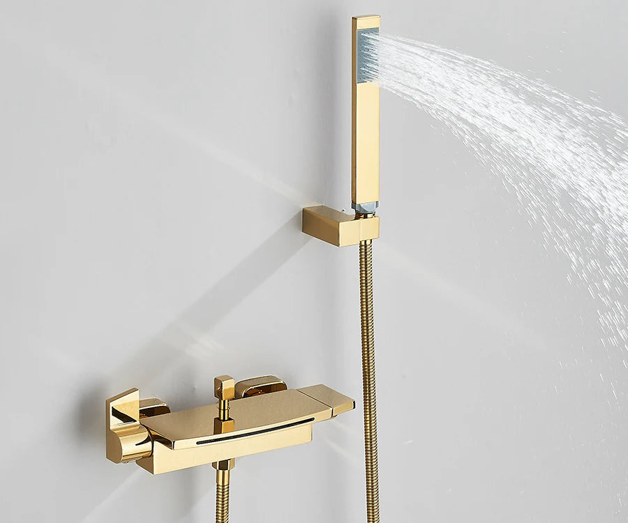 Black Waterfall Bathtub Shower Faucets Wall Mount Shower With Handheld Shower Mixer Tap Faucets Hot Cold Bath Shower Tap