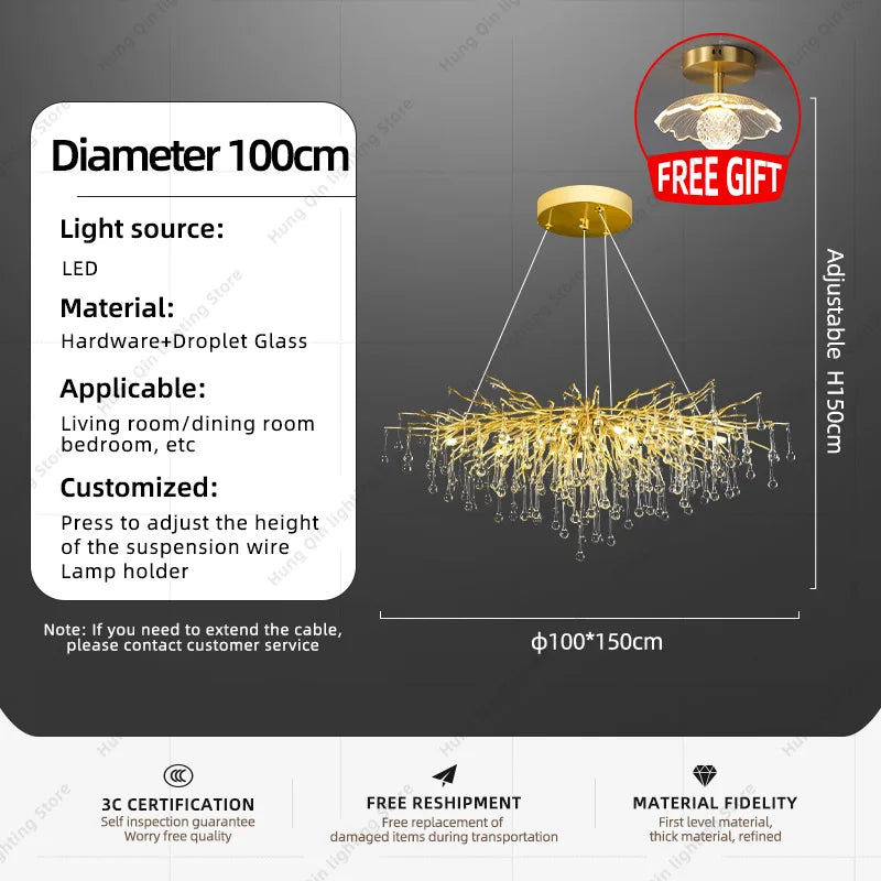 Hanging Chandelier for Living Room Dining Room LED Chandelier Hanging Ceiling Pendant Light Luxury Led K9 Crystal Pendant Light