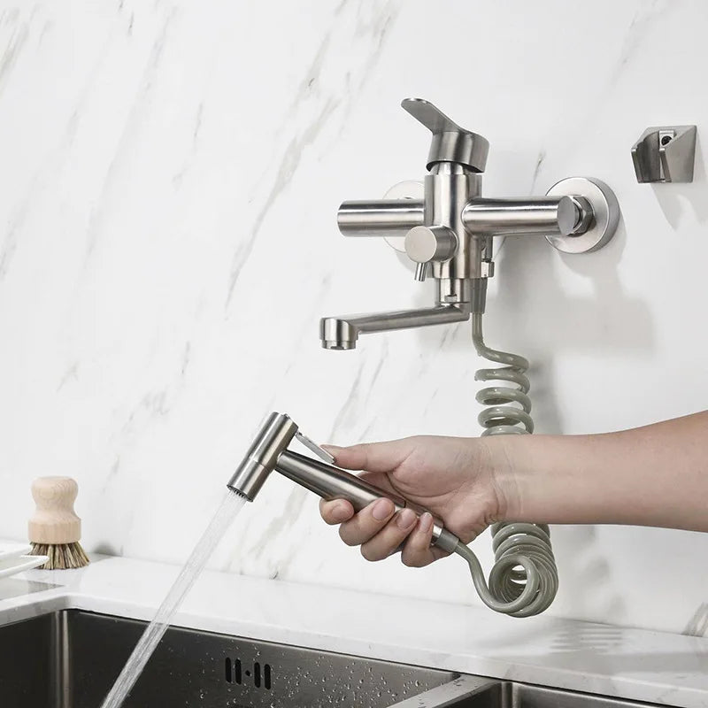 Alenartwater Kitchen Faucet Wall Mounted Rotable Sink Tap Dual Hole Single Handle Cold and Hot Water Mixer