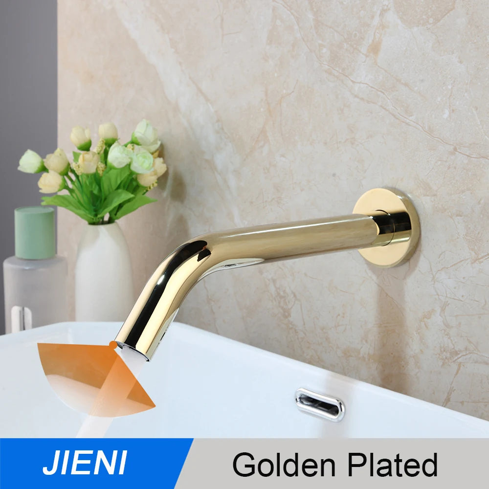 JIENI Black Chrome Lavatory Bathroom Faucet Wall Mount Sensor Faucet Automatic Free Touch Sensor Bathroom Sink Mixer Tap Faucet