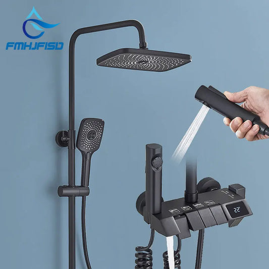 Brass Piano Smart Shower Faucet Set Bathroom Digital Display Shower Faucet Wall Mount Mixer Crane Shower Set With Bidet Sprayer