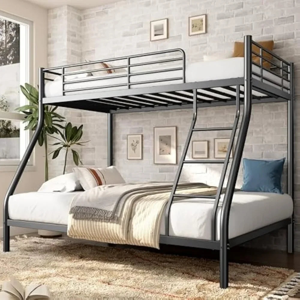 Black Metal Bunk Bed Twin Over Full Size with Ladder & Guardrail