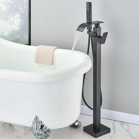 Floor Standing Faucet Bathtub Shower Floor Mounted Tub Filler Faucet Brass Bathroom Tub Faucets with Hand Shower