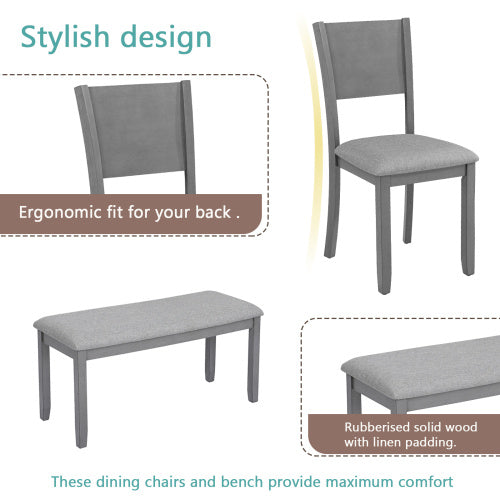 6 Piece Rectangular Wooden Dining Set With 4 Upholstered Chairs And A Bench in Grey