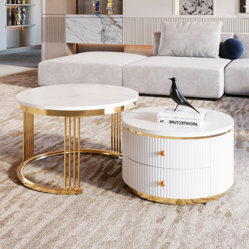 Modern 2-piece White and Gold Circular Nesting Coffee Table With Drawers