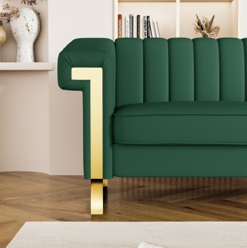 Modern Green PU Sofa With Gold Accents - Sleek Channel-Tufted Upholstery, 3-Seat Couch For Living Room And Office DecorTEMU Suitabl