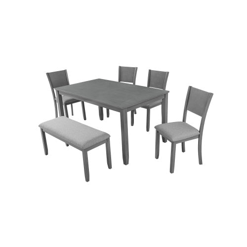 6 Piece Rectangular Wooden Dining Set With 4 Upholstered Chairs And A Bench in Grey