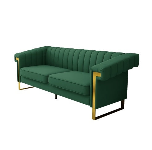 Modern Green PU Sofa With Gold Accents - Sleek Channel-Tufted Upholstery, 3-Seat Couch For Living Room And Office DecorTEMU Suitabl