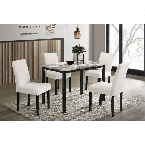 White Wool Fabric Chairs with Faux Marble Top Table 5pc Dining Set