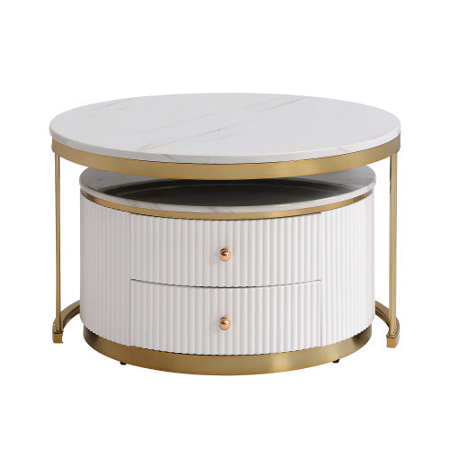 Modern 2-piece White and Gold Circular Nesting Coffee Table With Drawers