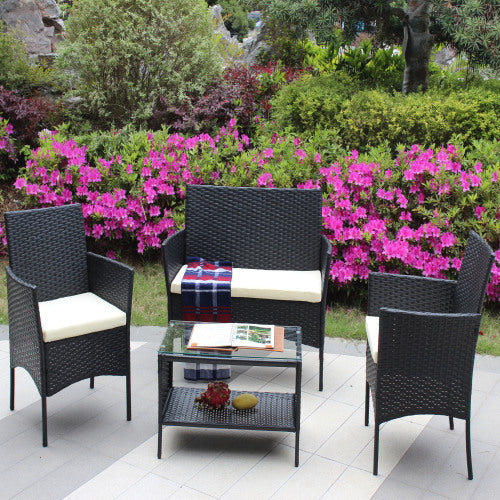 4 PC Rattan Patio Furniture Set Outdoor Cushioned Seat Wicker and Beige