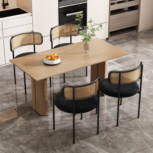 Mid-Century Modern Velvet Dining Chairs with Rattan Back