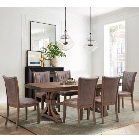 Mid-Century Modern Oak Rectangular Wood Dining Table For 6-8 With Wooden Trestle Pedestal Base