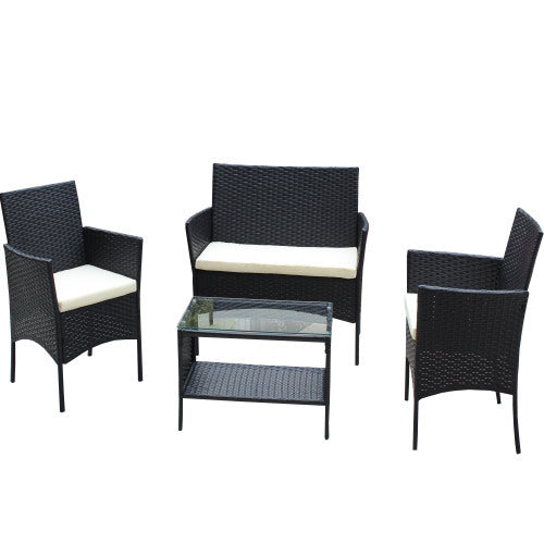 4 PC Rattan Patio Furniture Set Outdoor Cushioned Seat Wicker and Beige