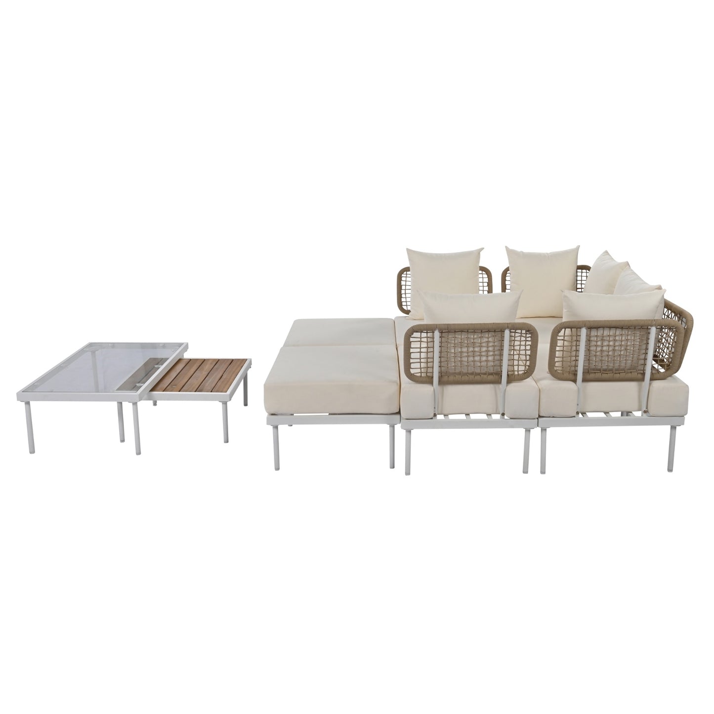 8-Piece Patio Sectional Sofa Set With Tempered Glass + Wooden Coffee Table