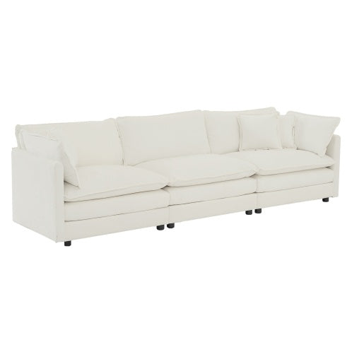 Mid-Century Modern Couch 3-Seater Sofa White Chenille