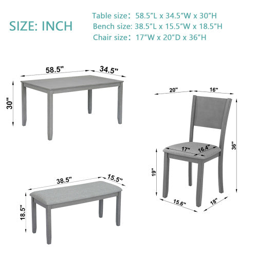 6 Piece Rectangular Wooden Dining Set With 4 Upholstered Chairs And A Bench in Grey