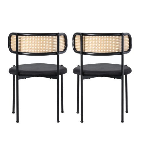 Mid-Century Modern Velvet Dining Chairs with Rattan Back