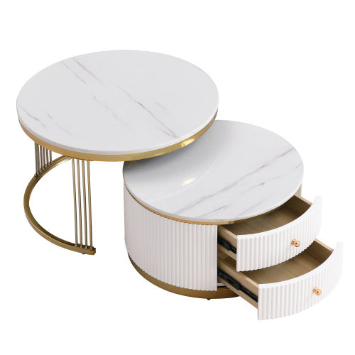 Modern 2-piece White and Gold Circular Nesting Coffee Table With Drawers
