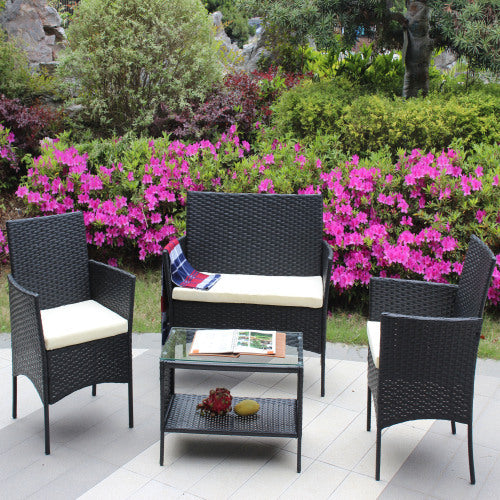 4 PC Rattan Patio Furniture Set Outdoor Cushioned Seat Wicker and Beige