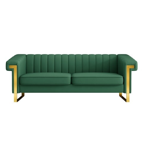 Modern Green PU Sofa With Gold Accents - Sleek Channel-Tufted Upholstery, 3-Seat Couch For Living Room And Office DecorTEMU Suitabl