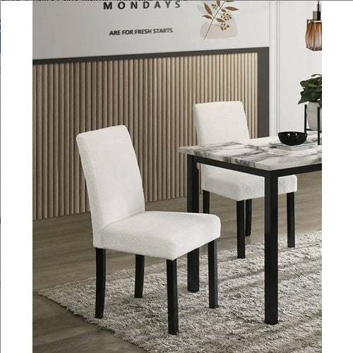 White Wool Fabric Chairs with Faux Marble Top Table 5pc Dining Set