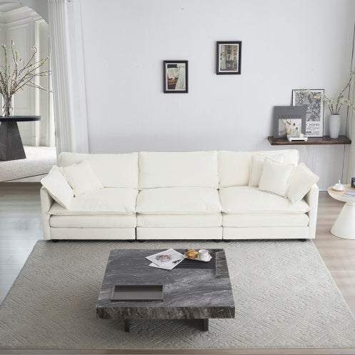 Mid-Century Modern Couch 3-Seater Sofa White Chenille