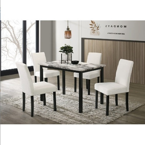 White Wool Fabric Chairs with Faux Marble Top Table 5pc Dining Set