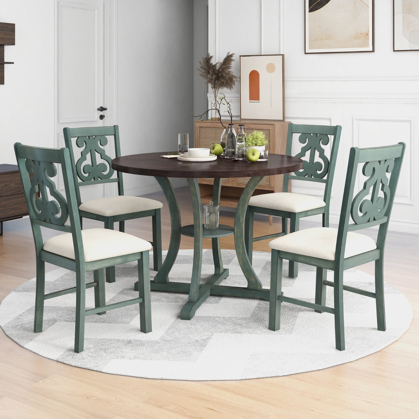 5-Piece Round Dining Set with Ornate Chair Backing