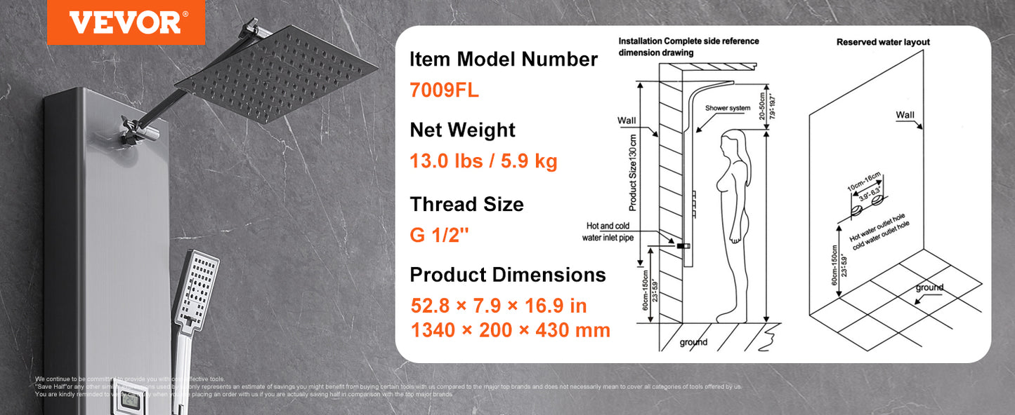 VEVOR Shower Panel System 4 Shower Modes Shower Panel Tower Rainfall Waterfall