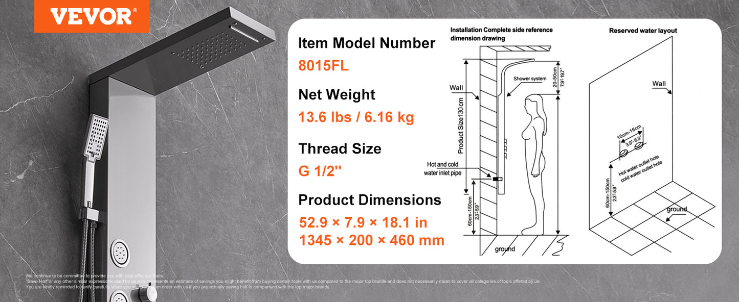 VEVOR Shower Panel System 4 Shower Modes Shower Panel Tower Rainfall Waterfall