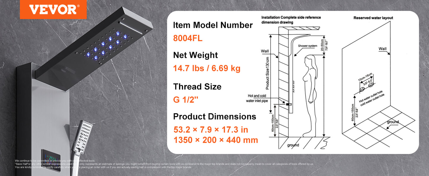 VEVOR Shower Panel System 4 Shower Modes Shower Panel Tower Rainfall Waterfall