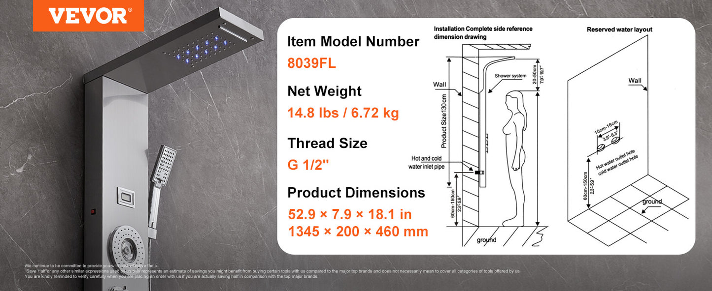 VEVOR Shower Panel System 4 Shower Modes Shower Panel Tower Rainfall Waterfall